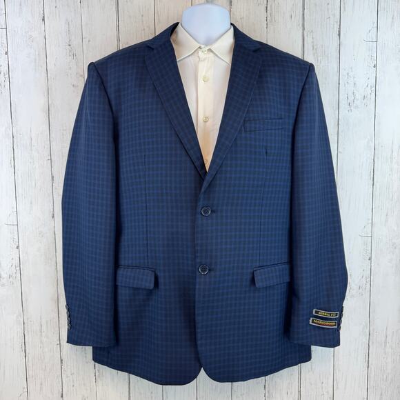 NWOT Mario Rossi Navy Blue Plaid Super 140s 2-Button Sport Coat Blazer Size 44L - Picture 1 of 16